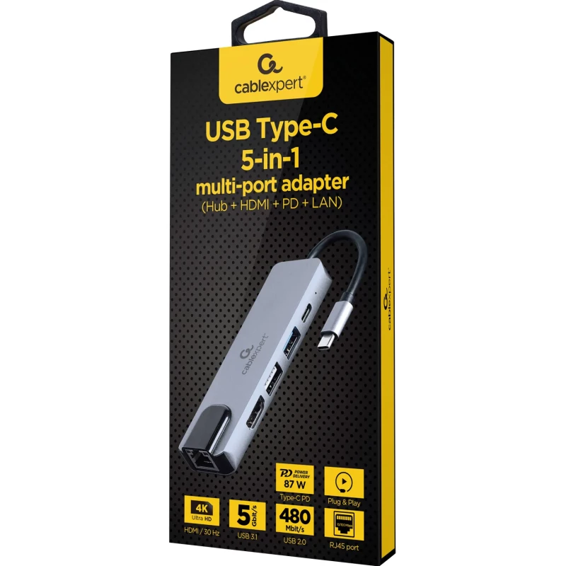 Type-C-Hub Cablexpert USB-C 5-in-1 (HDMI/PD/LAN) (A-CM-COMBO5-04) - Зображення 1