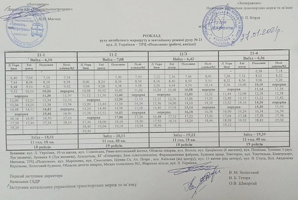 У Тернополі відбудуться зміни у розкладі руху автобусного маршруту №21