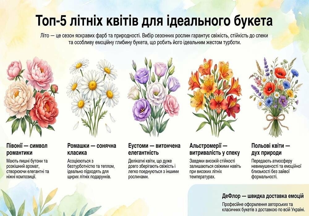 Ніжний літній букет квітів для романтичного подарунка Літній букет квітів для дівчини з півоній, еустом та польових квітів