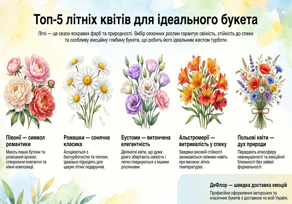 Літній букет квітів для дівчини з півоній, еустом та польових квітів